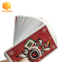 Jeu de cartes de mahjong Lion Dance en dessin animé avec boîte en étain rouge, 144 pièces, jeu de mahjong portable pour fête de famille