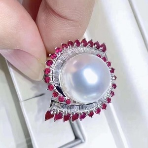 High-End S925 Sterling Silver <b>Ring</b> with 12-11mm Round <b>Pearl</b> Featuring Movable Oval Cut Diamond - Product Image 1