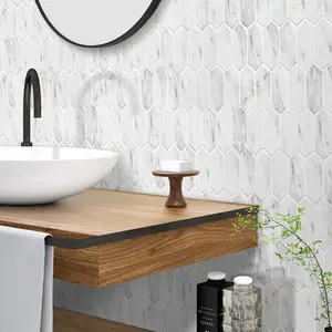 Sunwings Recycled Glass Mosaic Tile | Stock In US | White Calacatta Picket Marble Looks Mosaics Wall And Floor Tile