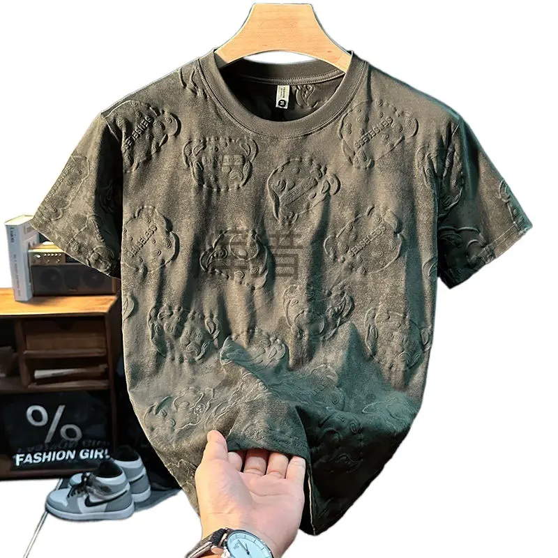 Fashion brand texture short-sleeved T-shirt for men in summer, versatile, light luxury design, printed round neck