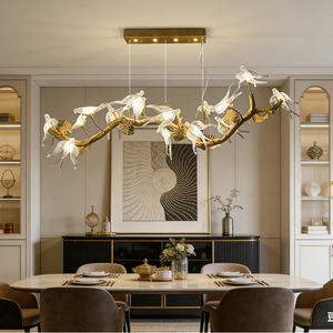 Lampadario a sospensione moderno in ottone massiccio con rami e uccelli in vetro, lampada a sospensione lunga per tavolo da pranzo e soggiorno - Product Image 3