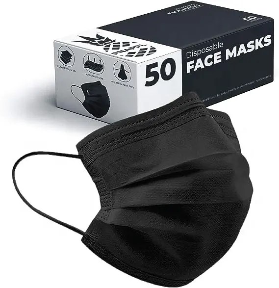 Masques faciaux jetables noirs Masque facial 3 plis avec boucles d'oreilles élastiques Pince-nez Confortable Respirant Non tissé