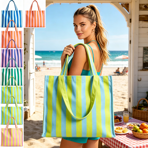Sac fourre-tout de plage en toile rayée, grande capacité, sac à bandoulière réutilisable pour les vacances et l'usage quotidien, directement de l'usine - Product Image 1