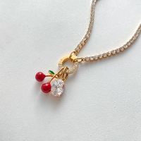 Bracelet en acier inoxydable plaqué or 14 carats avec chaîne entièrement sertie de strass, pendentif en cristal cerise pour femme, bijoux Emanco