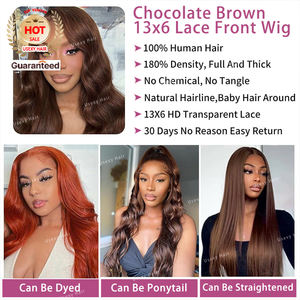 Perruque frontale en dentelle de 28 pouces, brun rougeâtre, pré-épilée, 13x4, couleur auburn, sans colle, vague corporelle <span class=keywords><strong>3D</strong></span>, cheveux humains, dentelle HD brute - Product Image 4