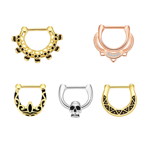 Anneau <span class=keywords><strong>de</strong></span> <span class=keywords><strong>nez</strong></span> double en acier inoxydable massif plaqué or, style <span class=keywords><strong>indien</strong></span>, avec strass et chaînes noires pendantes, modèle droit - Product Image 1