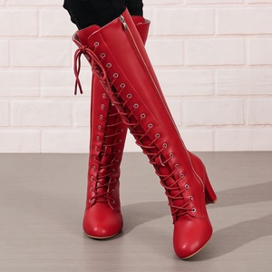<span class=keywords><strong>Stivali</strong></span> Rossi al Ginocchio da Donna con Lacci, Tacco a Blocco e Cerniera Laterale – Calzature Eleganti per Feste ed Eventi Serale - Product Image 4