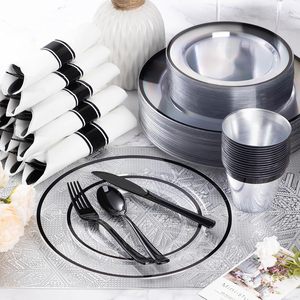 ชุดจานชามพลาสติกใสขอบทองปรับแต่งสีได้ XUELI สำหรับ 50 คน ใช้แล้วทิ้ง เป็นมิตรกับสิ่งแวดล้อม - Product Image 5