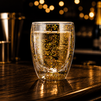 Vaso de Vidrio Reutilizable de Doble Pared con Aislamiento Térmico, Diseño de Estrellas Brillantes, 350 ml, Dorado y Plateado, para Fiestas en Casa, Bar, Café, Té, Cócteles, Regalo