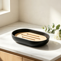 Ensemble d'accessoires de salle de bain en plastique PP noir mat avec distributeur de savon à couvercle en bambou, porte-brosse à dents, kit de décoration pour comptoir de salle de bain