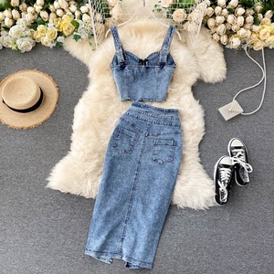 2025 di vendita calda da donna 2 pezzi in Denim con motivo solido Casual gonna Midi con bottone Design gonna di jeans a matita primavera - Product Image 2