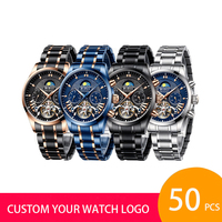 Montres mécaniques automatiques Biden 0189 personnalisables avec votre propre logo pour hommes, phase de lune, tourbillon ajouré, montre sport
