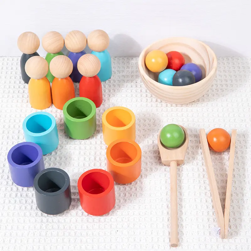 Wooden Montessori Toy Colorful Balls Cups Peg Dolls Wooden Rainbow Toys Color Classification Kids Wooden Educational Toy