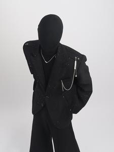 Новый модный пиджак YiFeng свободного кроя для мужчин больших размеров, с длинной цепочкой из бусин и жемчуга, черный, весна-осень - Product Image 5