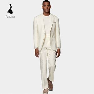 Terno de Linho Branco Creme YZ de Peça Única para Cavalheiros: Traje <span class=keywords><strong>Formal</strong></span> Elegante e Slim para o Dia a Dia no Escritório - Product Image 1