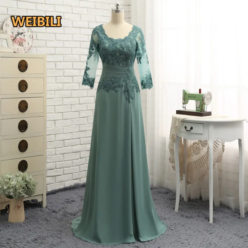 Hot sell Pleated O-neck Long Sleeve Evening Wedding Party Illusion Lace plus size Mother Of The Bride Dress for wedding