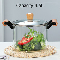 Casserole en verre borosilicate transparent durable, compatible avec les plaques à induction, résistante aux chocs, avec double poignée en bois, pour soupes et bouillons