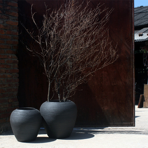 Minimalist Black Cement Planter - <b>Large</b> Japanese-Inspired Wide Mouth Vase for Indoor/Outdoor Decor, Restaurant & Hotel Display" - Product Image 1