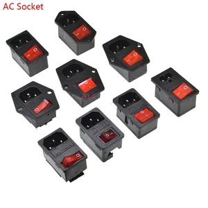 IEC320 C14 soket AC elektrik 3 pin, LED merah 250V saklar Rocker 10A fuse konektor colokan inlet Pria Wanita dudukan soket 2 pin