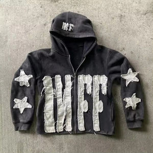 Winter Men's Heavyweight Acid Wash Distressed <b>Zip</b>-<b>Up</b> <b>Hoodie</b> with Patch Applique Embroidery <b>Cropped</b> Length 100% Cotton Loose Fit - Product Image 2