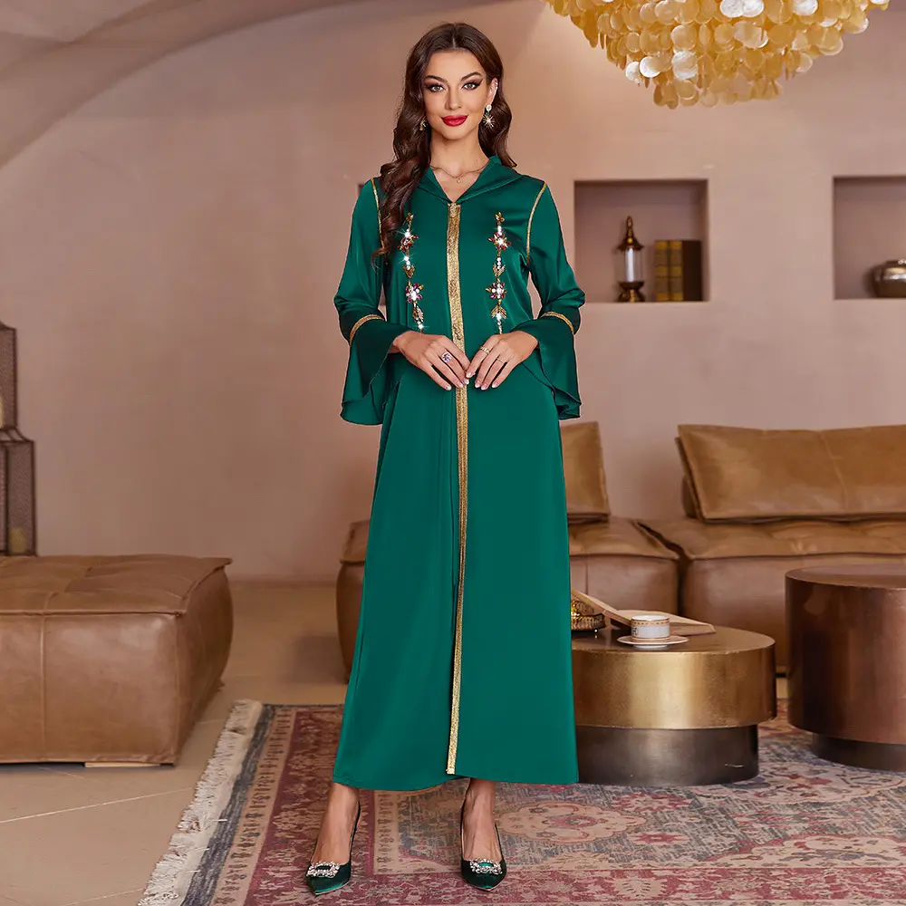1795 elegan hijau tua Dubai dilapisi mewah Islami fashion abaya dengan batu gaun malam wanita