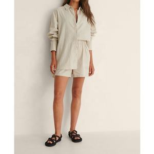 Da <span class=keywords><strong>donna</strong></span> su misura Casual Loungewear in <span class=keywords><strong>lino</strong></span> a manica lunga camicia con colletto e colletto da spiaggia <span class=keywords><strong>blusa</strong></span> 2 pezzi Set Shorts - Product Image 3