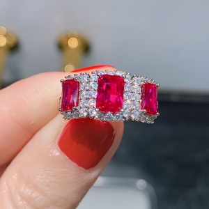 Factory Wholesale Fashion Jewelry Eco-friendly Copper Red Corundum Zircon Stone Three <b>Stack</b> Band <b>Ring</b> for Women - Product Image 2