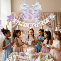 Ensemble de 5 ballons numériques à motif licorne fantastique, couleur violette, avec chiffres, étoiles éclatantes et fleurs décoratives pour célébration d'anniversaire