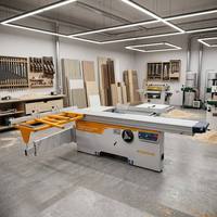Scie à panneaux industrielle robuste avec table coulissante, longueur de coupe de 3200 mm, lame inclinable à 45 degrés pour l'usinage du bois en usine