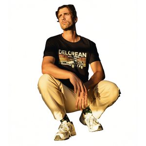 T-shirt retrò Delorean da uomo, maglietta nera con grafica, design auto vintage, abbigliamento casual - Product Image 1