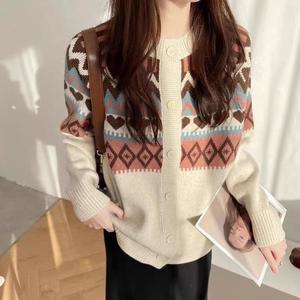 Vintage Jacquard Crewneck Sweater Women's Cardigan Spring and Autumn New Loose Ethnic Style Sweater Coat Women's <strong>Top</strong> - Product Image 3