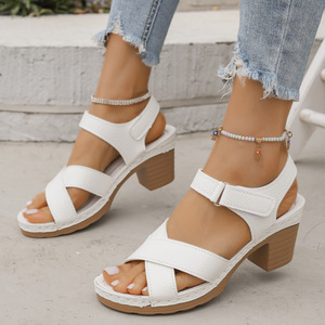 Women Cross Strap Chunky Heel Roman <b>Sandals</b> Summer Floral Large European American Style Open Toe Mid Heel <b>Sandals</b> - Product Image 2