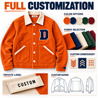 Jaket Corduroy Oranye Tua Pria Custom dengan Patch Huruf Chenille, Kerah Krem Kontras, Kancing Depan, Jaket Bomber Pabrik OEM