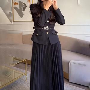 Mode <span class=keywords><strong>Set</strong></span> Dames Lange Mouw Nieuwe Effen Kleur Revers <span class=keywords><strong>Blazer</strong></span> Geplooide Rok 2-delig <span class=keywords><strong>Set</strong></span> - Product Image 2