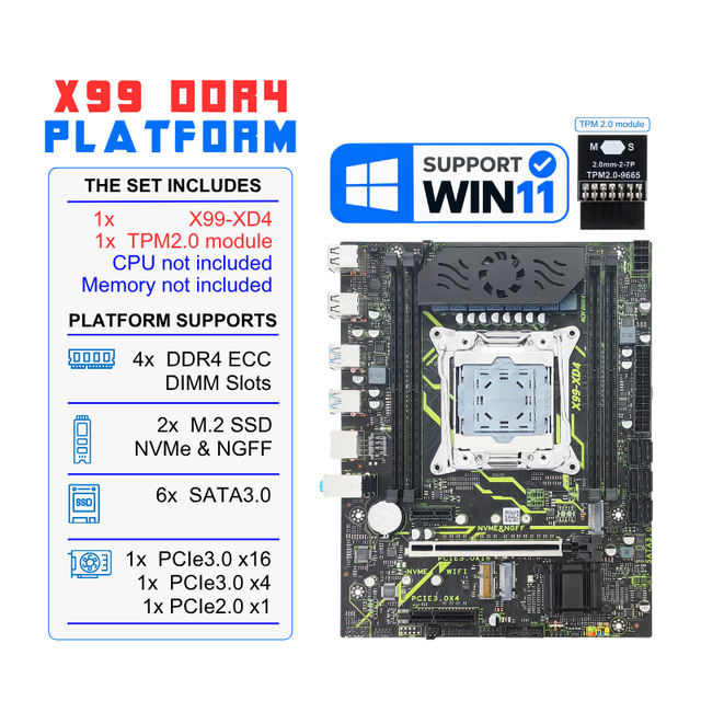 PANDL Active Cooling NEW X99-XD4 Wifi Motherboard With TPM2.0 Supports DDR4 ECC Memory UEFI Secure Boot Win11 X99 Motherboard
