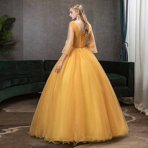 Evening Gown Ball Gown V Neck Chiffon Floral Print Empire Waist Long Sleeve Golden Yellow Women's Dress - Product Image 4