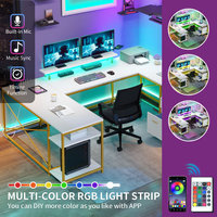 AJUNION Bureau de jeu en forme de U avec éclairage LED polyvalent Ports de charge Table d'ordinateur avec rangement réglable pour espace de travail