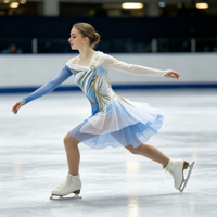Robe de danse patinage bleue et blanche, épaules dénudées, manches longues en maille, garniture en strass dorés pour enfants et adultes, compétition et performance
