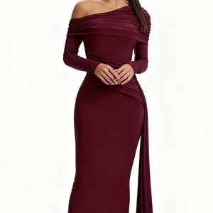 Vestido de Noche para Mujer con Escote Asimétrico, Silueta Ajustada y Sexy, Detalles Plisados, Vestidos Largos con Lazos Decorativos - Product Image 5