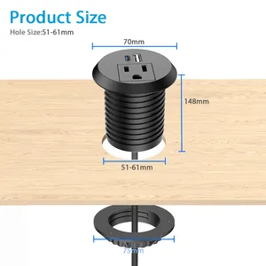 2 Inch Desk Power Grommet Outlet Recessed Power Strip Socket With USB-C For Furniture Conference Room Office Kitchen Table