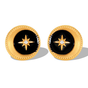 French Retro Star Pattern Gold Plated <b>Stud</b> <b>Earrings</b> <b>Black</b> Enamel Geometric Design Fashion Jewelry - Product Image 5
