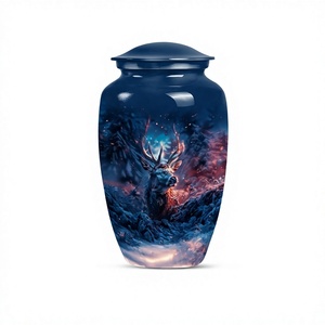 Navy Blue <b>Large</b> Aluminium Deer Themed Cremation <b>Urn</b> for Human Ashes Memorial <b>Urn</b> With Free Velvet Bag - Product Image 1