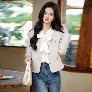 Women's Blazer Solid Color Polyester Woven Jacket With Bow Tie Design For Autumn Winter 2025 Fashionable Early Spring Top - Product Image 2