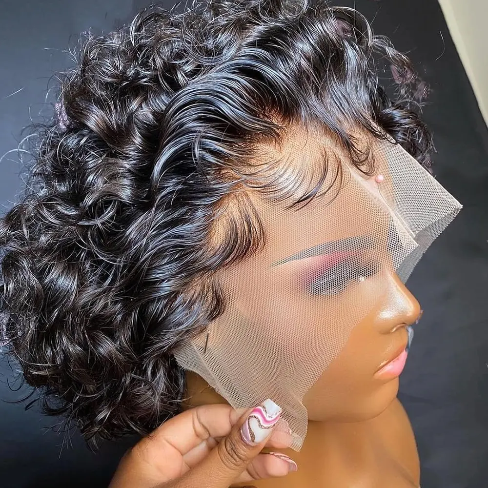 Pelucas de cabello humano de corte Pixie virgen para mujeres negras, rizos Pixie con encaje Frontal, Bob corto, Hd, 10A, venta al por mayor