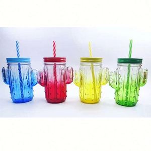 Cadeaux d'appréciation : Gobelets et verres créatifs en verre avec paille, motif cactus, pour eau, jus, café - Product Image 1