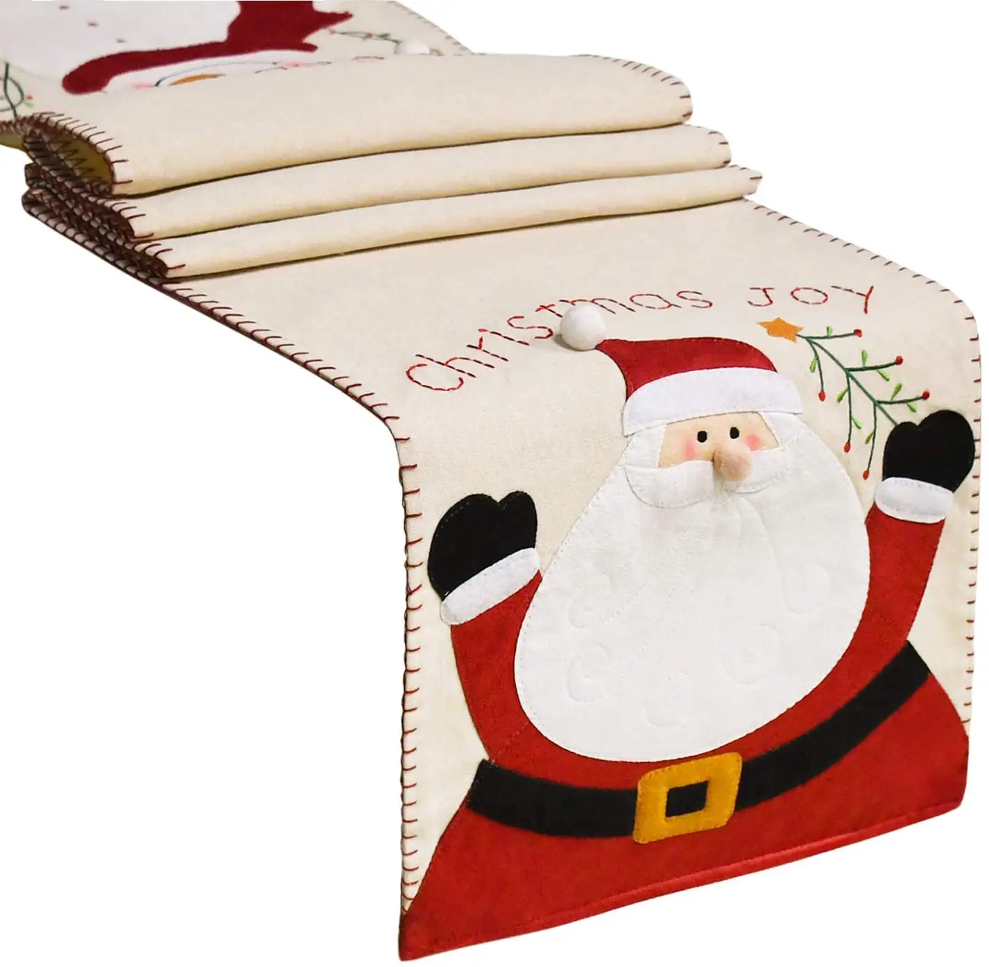 Christmas Table Runner with Santa Snowman Pattern, Embroidered Christmas Joy, Cotton Canvas Rustic Table Runner for Christmas