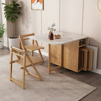 Table à manger convertible moderne avec plateau imitation marbre, structure en bois et armoire de rangement pour petits appartements, cuisines et salons