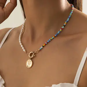 波西米亚珍珠珠魅力项链彩虹七彩种子珠粉彩半珠半链项链时尚玻璃串珠饰品
