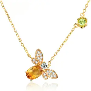 925 فضة اللون مجوهرات الطبيعية سيترين الزبرجد مايكرو مطعمة الزركون النحل الصين قلادة 14K الذهب والمجوهرات للنساء