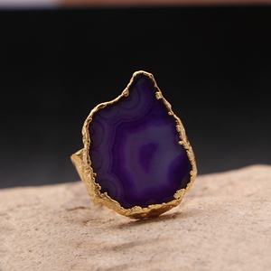 Vente en gros, conception simple, plaqué or, pierre unique, fait à la main, anneau réglable, tranche d'agate, bague druzy, bijoux en pierre précieuse, bague - Product Image 1